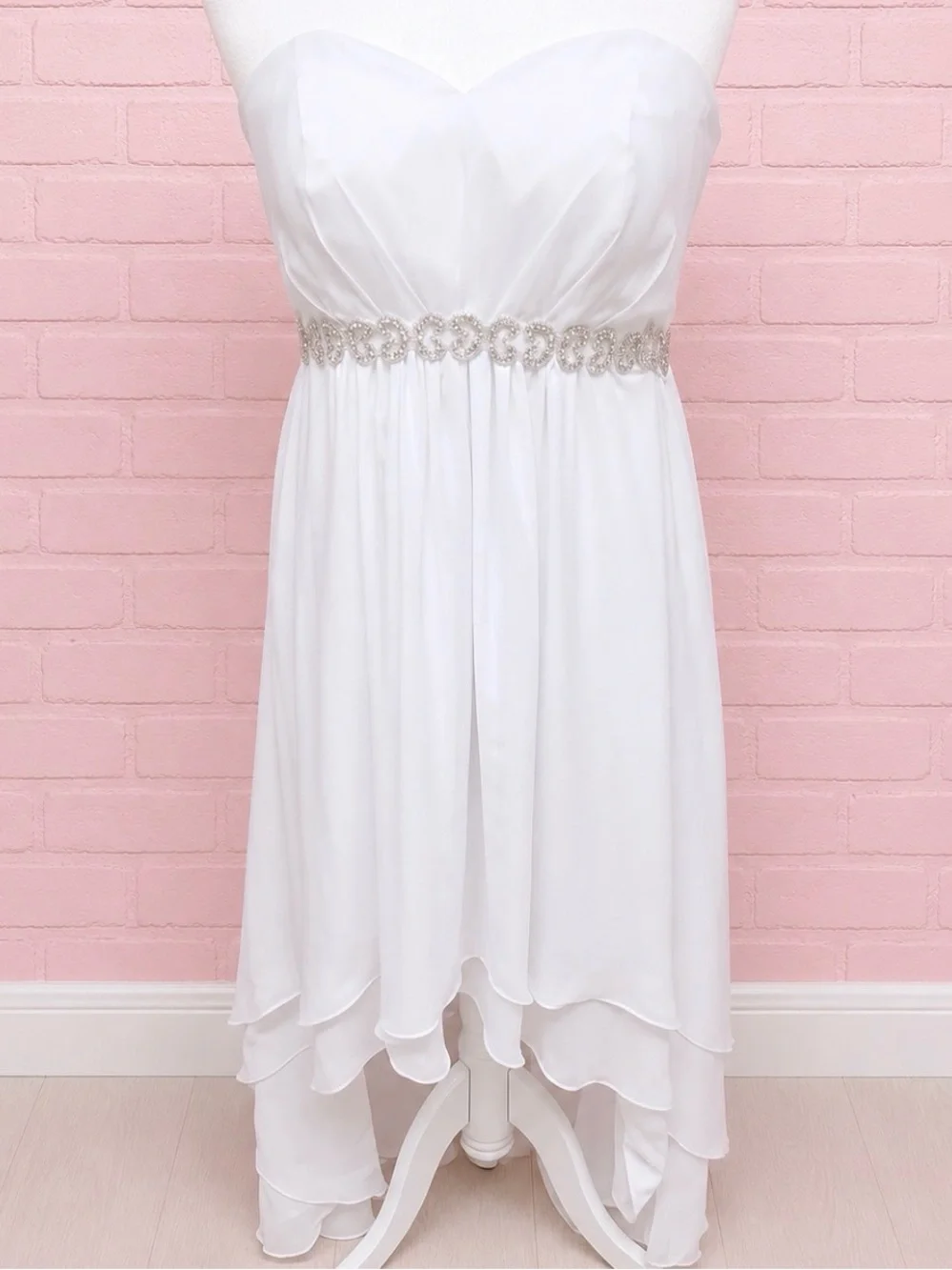 Eumi Strapless White High-Low Bridal Dress with Beaded Waist